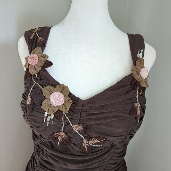 Vintage Sue Wong Mesh Dress Y2K Fairycore Drop Waist Brown Whimsygoth Size 6 - Picture 5 of 11